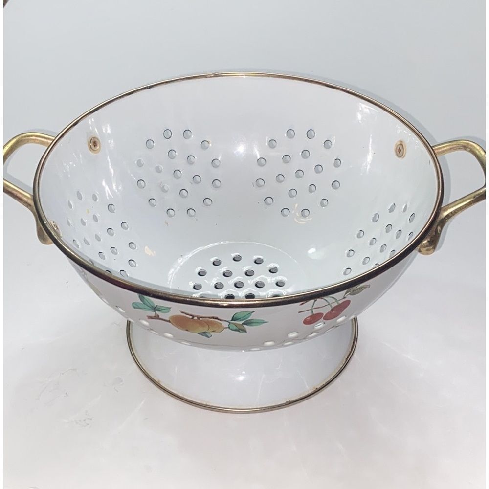 Vintage Enamel Metal Colander Strainer Decorated Floral Cooking Kitchen